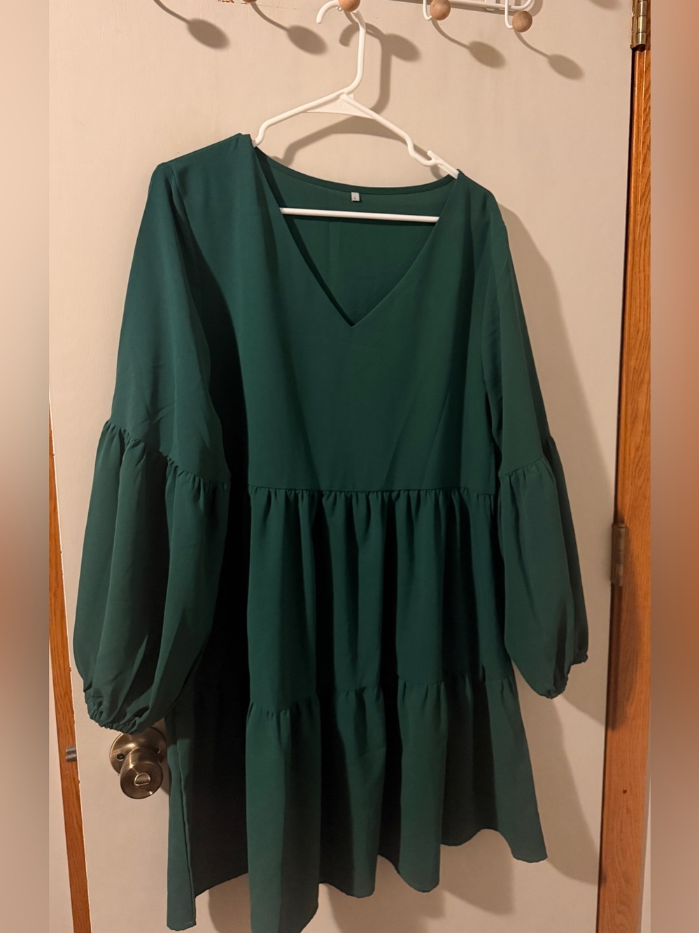 Amazon Green V-Neck Tiered Long Sleeve Dress